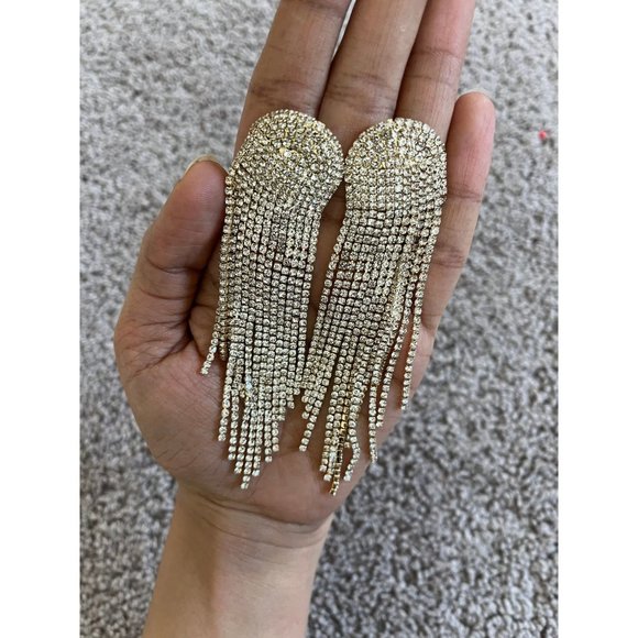 Large clear earrings fringe gold tone  bridal  big , oversized crystal earrings - Picture 5 of 9